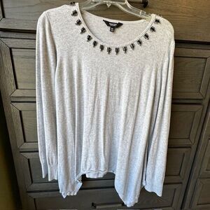 Simply Vera Vera Wang Rhinestone Bling Beaded Gray Sharkbite Hem Sweater XXL
